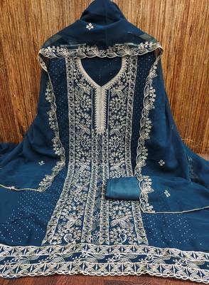Women's teal blue embroiderd georgette dress material 3