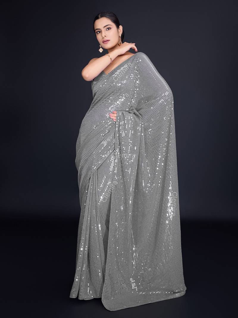 Embellished grey color  bollywood georgette saree with unstiched blouse