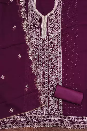 Women's purple embroiderd georgette dress material