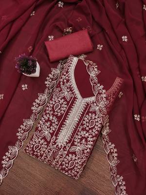Women's maroon embroiderd georgette dress material 1