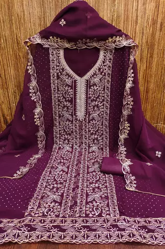 Women's purple embroiderd georgette dress material