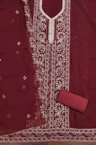 Women's maroon embroiderd georgette dress material