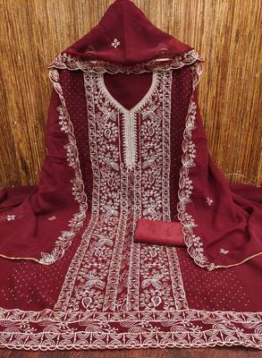 Women's maroon embroiderd georgette dress material 3