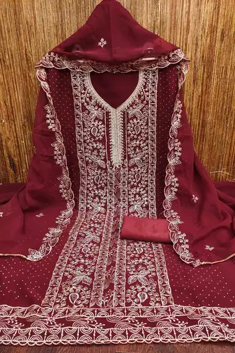 Women's maroon embroiderd georgette dress material