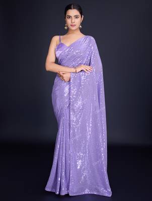 Embellished lavender color  bollywood georgette saree with unstiched blouse 1