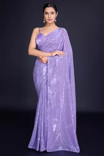 Embellished lavender color  bollywood georgette saree with unstiched blouse
