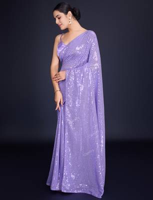 Embellished lavender color  bollywood georgette saree with unstiched blouse 2