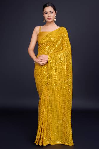 Embellished mustard color  bollywood georgette saree with unstiched blouse