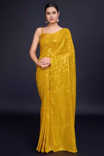 Embellished mustard color  bollywood georgette saree with unstiched blouse