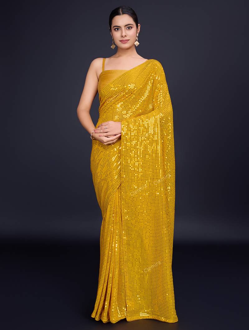 Embellished mustard color  bollywood georgette saree with unstiched blouse