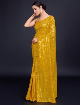 Embellished mustard color  bollywood georgette saree with unstiched blouse 2