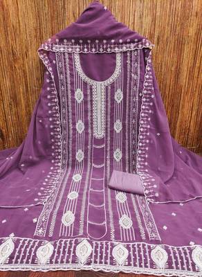 Women's levender embroiderd georgette dress material 3