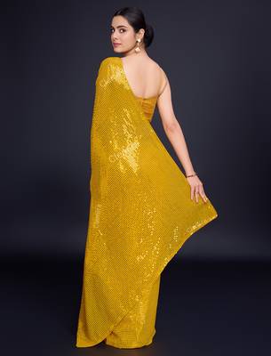 Embellished mustard color  bollywood georgette saree with unstiched blouse 3