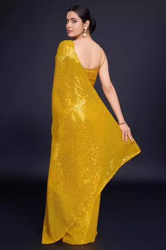 Embellished mustard color  bollywood georgette saree with unstiched blouse