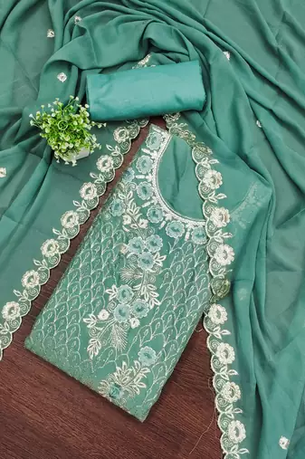 Women's sea green unstitched embroiderd star georgette dress material 