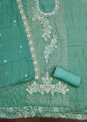 Women's sea green embroiderd star georgette dress material 2