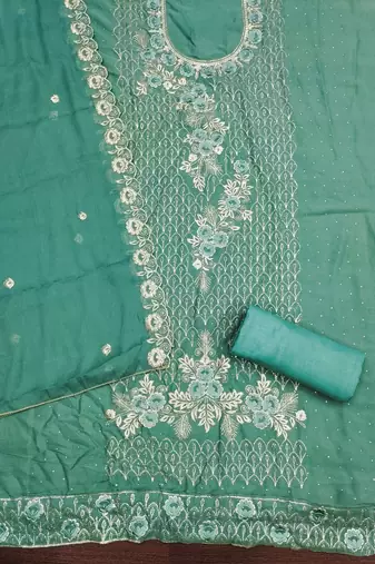 Women's sea green embroiderd star georgette dress material