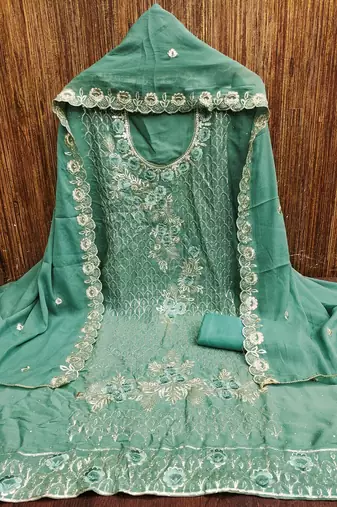Women's sea green embroiderd star georgette dress material