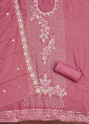Women's pink embroiderd star georgette dress material 2