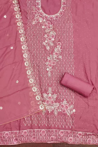 Women's pink embroiderd star georgette dress material