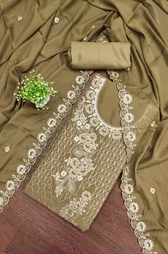 Women's olive green unstitched embroiderd star georgette dress material 