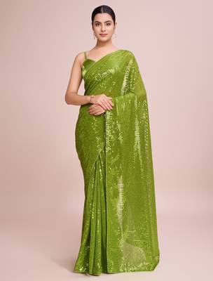 Embellished perrot color  bollywood georgette saree with unstiched blouse 1
