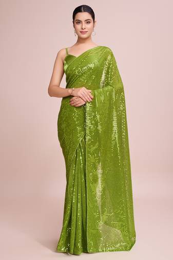 Embellished perrot color  bollywood georgette saree with unstiched blouse