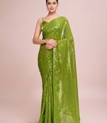Embellished perrot color  bollywood georgette saree with unstiched blouse