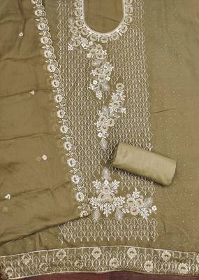 Women's olive green embroiderd star georgette dress material 2