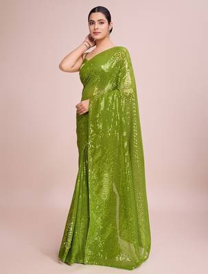 Embellished perrot color  bollywood georgette saree with unstiched blouse 2