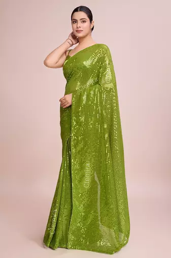 Embellished perrot color  bollywood georgette saree with unstiched blouse