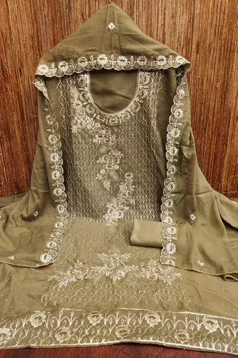 Women's olive green embroiderd star georgette dress material