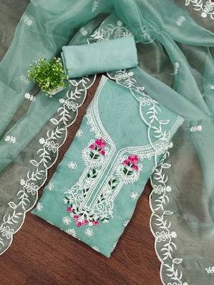 Women's sea green embroiderd organja dress material 1