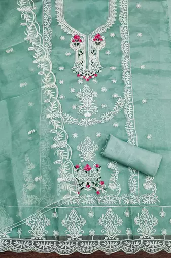 Women's sea green embroiderd organja dress material
