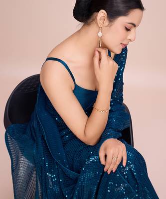 Embellished petrol blue color  bollywood georgette saree with unstiched blouse 1