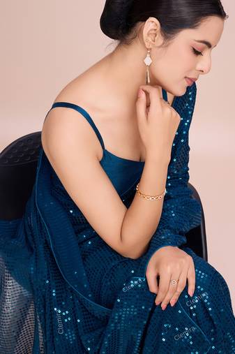 Embellished petrol blue color  bollywood georgette saree with unstiched blouse