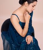 Embellished petrol blue color  bollywood georgette saree with unstiched blouse