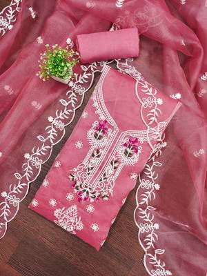 Women's pink embroiderd organja dress material 1