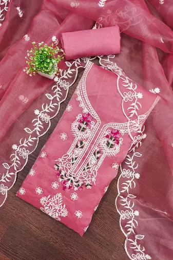 Women's pink unstitched embroiderd organja dress material 