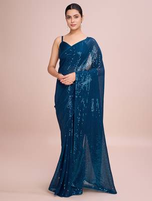 Embellished petrol blue color  bollywood georgette saree with unstiched blouse 2