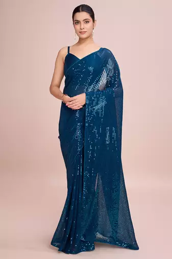 Embellished petrol blue color  bollywood georgette saree with unstiched blouse