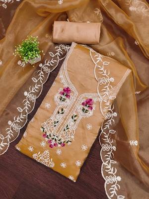 Women's peach embroiderd organja dress material 1