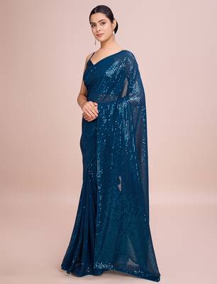 Embellished petrol blue color  bollywood georgette saree with unstiched blouse 3