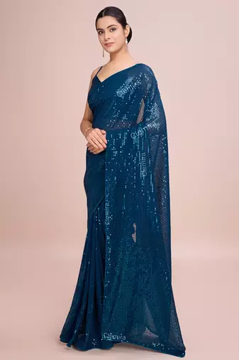 Embellished petrol blue color  bollywood georgette saree with unstiched blouse