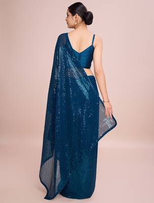 Embellished petrol blue color  bollywood georgette saree with unstiched blouse 4