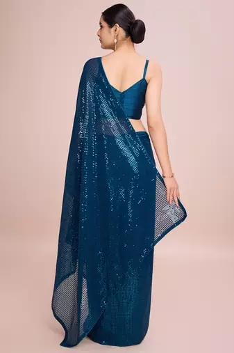 Embellished petrol blue color  bollywood georgette saree with unstiched blouse