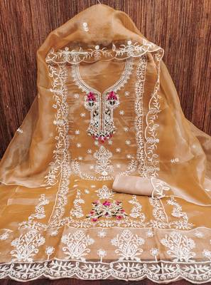 Women's peach embroiderd organja dress material 3