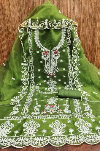 Women's green embroiderd organja dress material