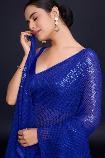 Embellished royal blue color  bollywood georgette saree with unstiched blouse