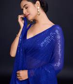 Embellished royal blue color  bollywood georgette saree with unstiched blouse